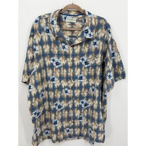 Caribbean Pure Silk Shirt Men 2XB Blue Tan Floral Geometric Button Front Pocket